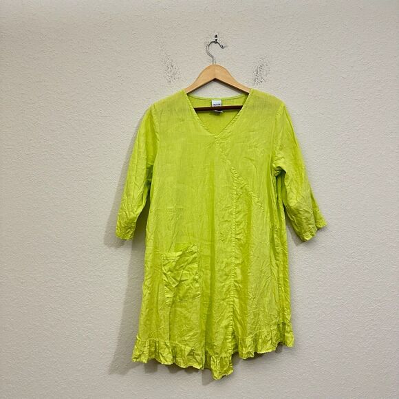 MATCH POINT Pre-Shrunk Linen Asymmetric Tunic Dress w Pocket in Lime Green - Picture 1 of 8